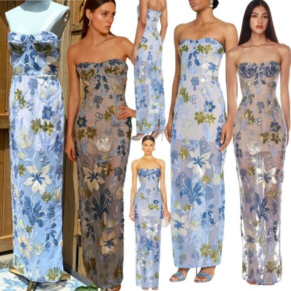 🆕 BRONX & BANCO 🧿 NWOT Dahlia Floral Gown, Baby Blue Multi Maxi - Sz M US 6 - Picture 1 of 15